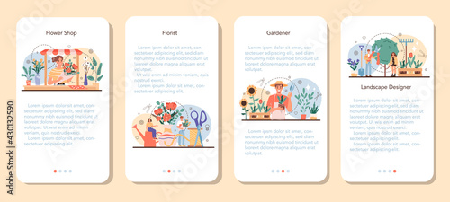 Florist mobile application banner set. Floral designer making bouquet