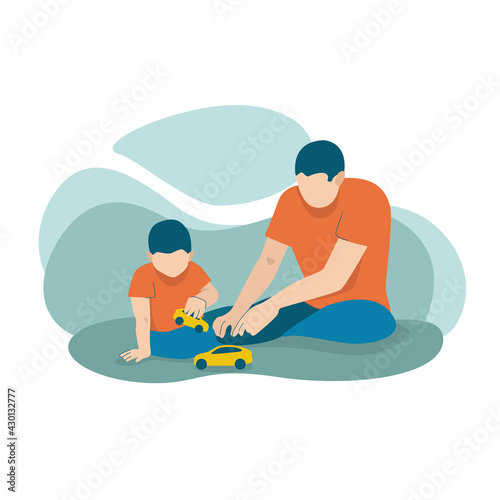 Young father with son are having fun. They sit on the floor and play with toy cars.