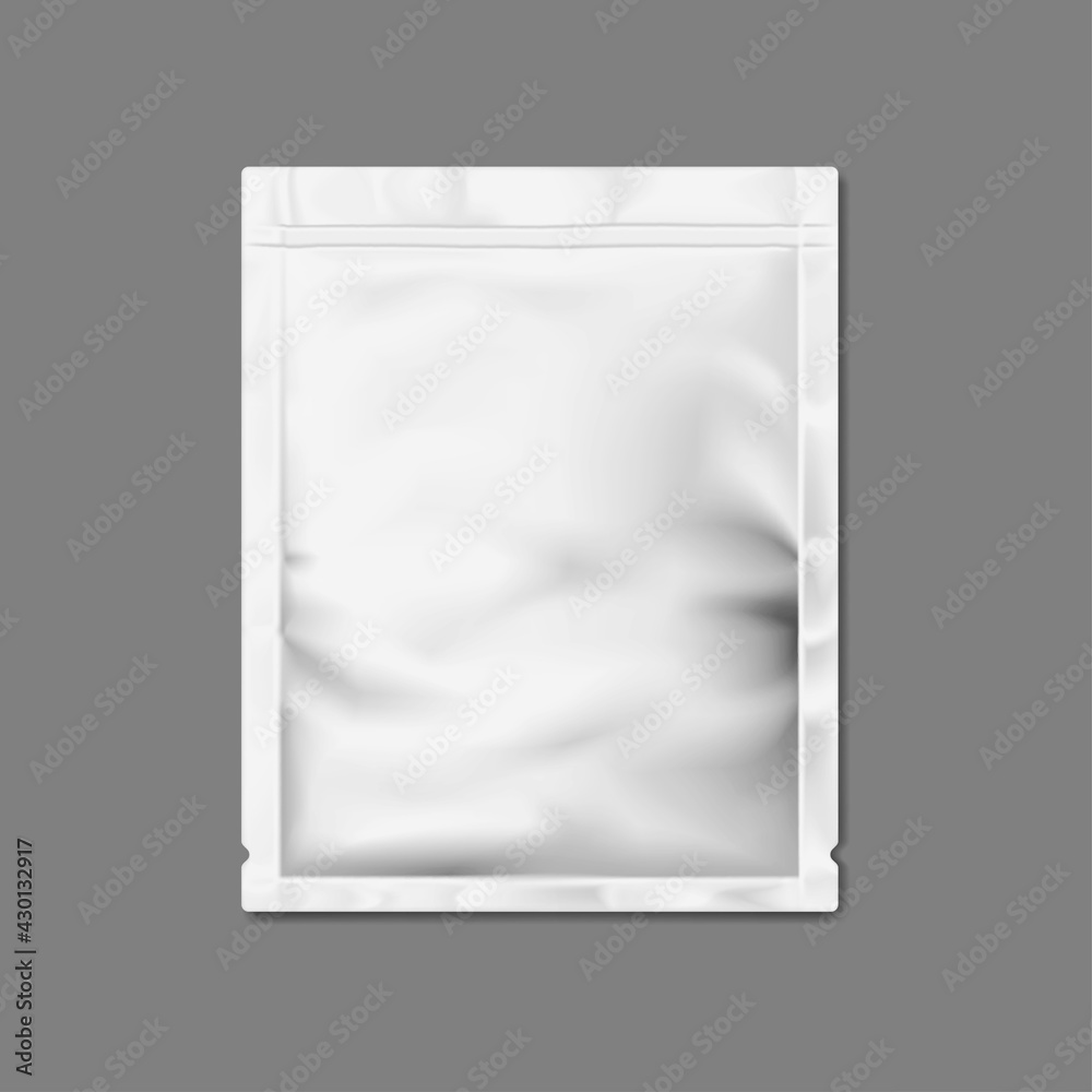 Blank white sachet packet with tear notches isolated on gray background - vector mockup. Individual plastic wrapping bag for cosmetic, medical or food product - mockup. Template for design