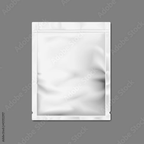 Blank white sachet packet with tear notches isolated on gray background - vector mockup. Individual plastic wrapping bag for cosmetic, medical or food product - mockup. Template for design
