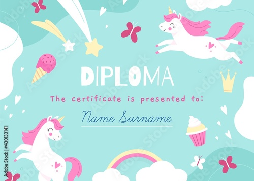 Unicorns frame. Kids diploma template with magic items, fairy creatures, rainbow and sweets, mythical horses. Children school certificate, preschool graduation vector cartoon concept