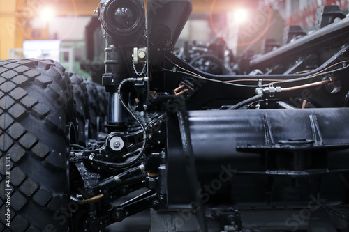 Billede på lærred Closeup of heavy truck chassis at factory