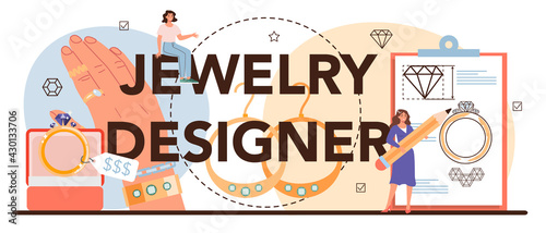 Jewelry designer typographic header. Goldsmith examining and faceting
