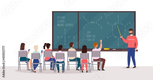 Students at lecture. Professor speaks in audience, listeners group on chairs back view board with chemical formulas, young people in university and college. Education vector cartoon concept