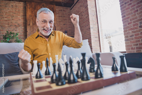 Photo of old man playing chess celebrating succsessful step raising fists player home indoors photo