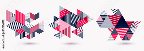 Abstract polygonal backgrounds with stripy triangles and 3D cubes vector designs set. Templates for different advertising or covers or banners. Retro style graphic elements.
