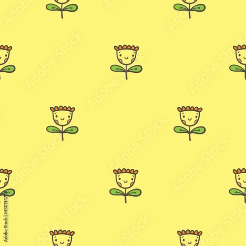 Seamless pattern with flowers on yellow background. Vector print with herbs. Botanical doodle wallpaper.