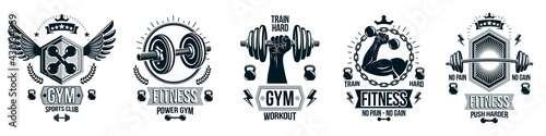 Fitness sport emblems logos or posters with barbells dumbbells kettlebells and muscle man silhouettes vector set, athletic workout active lifestyle theme, sport club or competition awards.