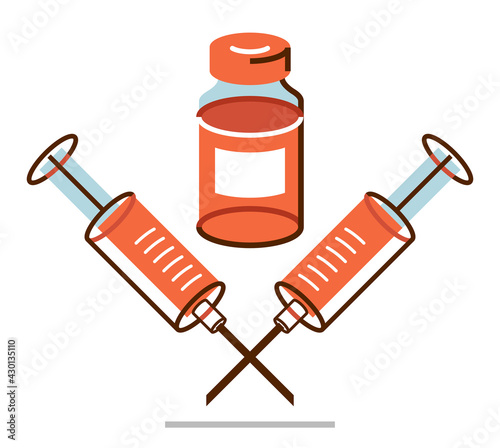 Vaccination theme vector illustration of a syringe with vial isolated over white, epidemic or pandemic coronavirus covid 19 or flu or SARS or any other vaccine, pharmacology concept.