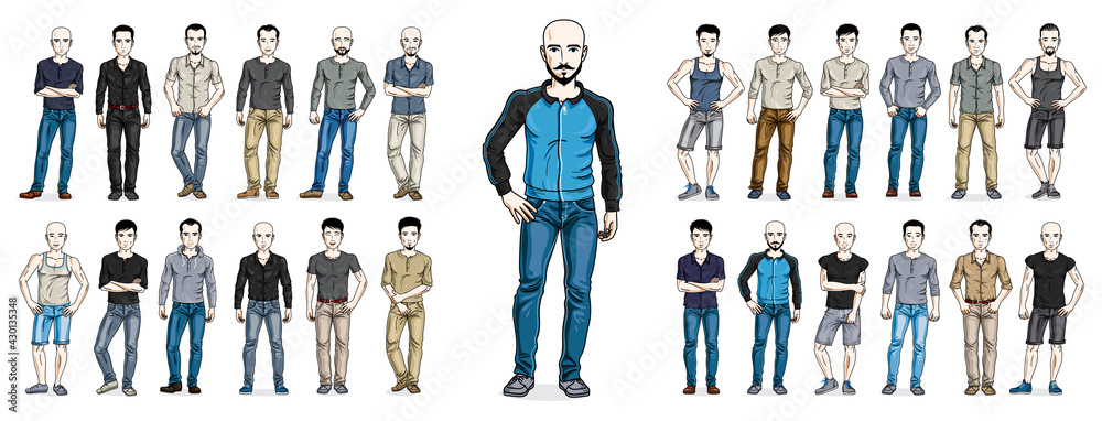 Handsome men in casual wear standing and posing vector illustrations big set isolated on white background, attractive gorgeous males in full body length people characters collection. Handsome men in casual wear standing and posing vector illustrations big set isolated on white background, attractive gorgeous males in full body length people characters collection.