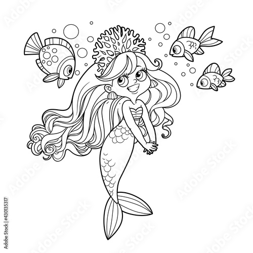 Cute coquettish mermaid girl in coral tiara speaks with fish outlined for coloring page isolated on white background