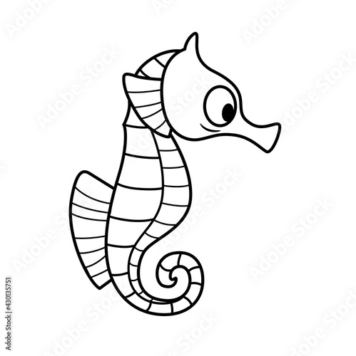 Cute cartoon sea horse outlined for coloring page isolated on white background