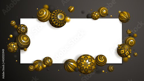 Realistic decorated gold spheres vector illustration with blank paper sheet, abstract background with beautiful balls with patterns and depth of field effect, 3D globes design concept art.