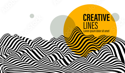 3D black and white lines in perspective with yellow circle splat abstract vector background, linear perspective terrain pattern op art.