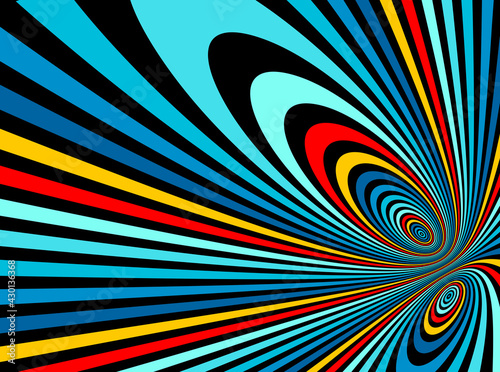Psychedelic rainbow colored optical illusion lines vector insane art background, LSD hallucination delirium, surreal op art linear curves in hyper 3D perspective, hypnotic design.