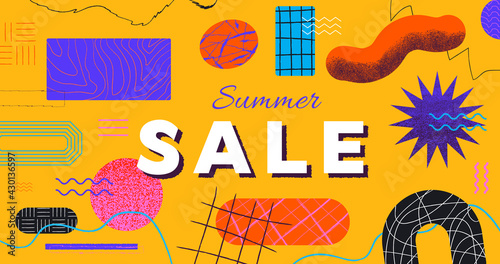Summer Sale promo banner vector design. Abstract memphis background with geometric shapes. Colorful pop art pattern.