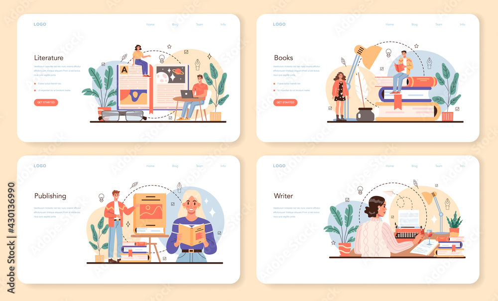 Professional writer web banner or landing page set. Author writing script Professional writer web banner or landing page set. Author writing script
