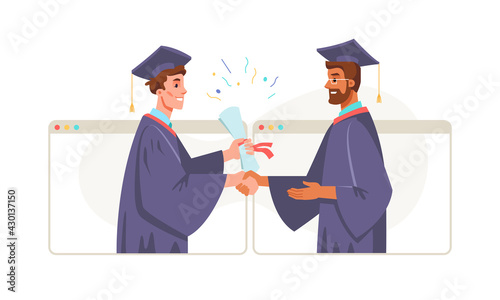 Graduation online, Bachelor Master degree student and lecturer professor in academic gown and mortarboard cap in computer screens. Vector graduate and presentation of certificate, diploma. Quarantine