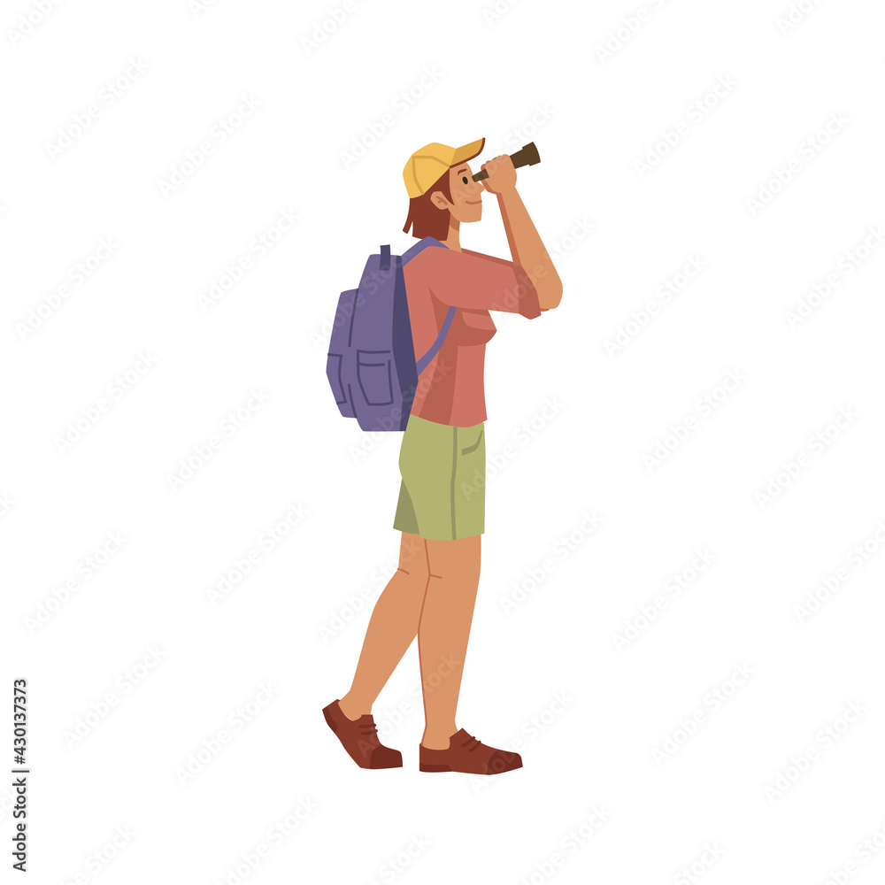 Traveler looks through binoculars isolated flat cartoon character. Vector man woman looking in field glasses, tourist watching in telescopes, discovering surrounding world, vacation on nature outdoors