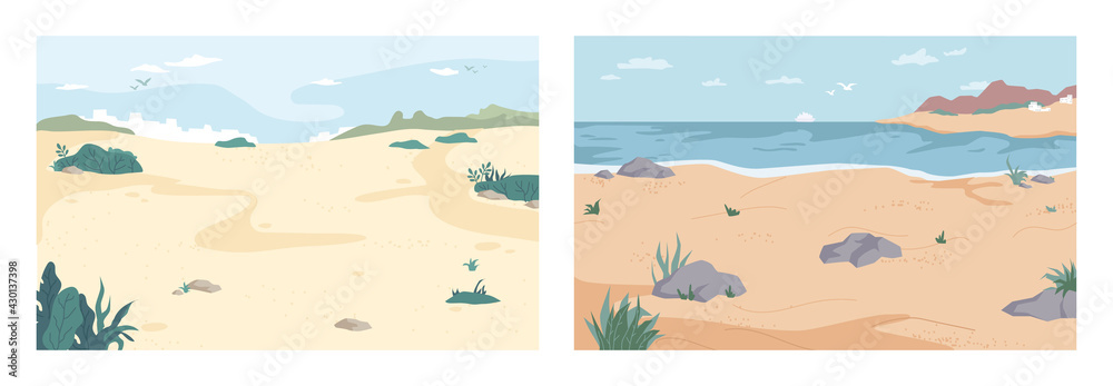 Landscape, cartoon summer beach set. Vector paradise nature vacation, ocean or sea seashore with sand and rocks. Seaside, relax on tropical coast, summertime background. Resort or vacation backdrop