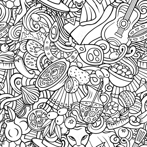 Cartoon doodles Spain seamless pattern. Backdrop with Spanish culture items