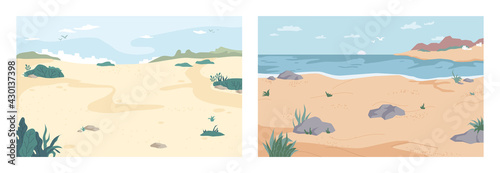 Landscape, cartoon summer beach set. Vector paradise nature vacation, ocean or sea seashore with sand and rocks. Seaside, relax on tropical coast, summertime background. Resort or vacation backdrop