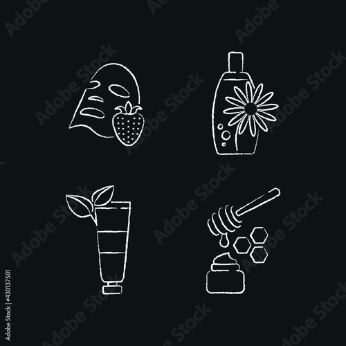 Organic cosmetics chalk icons set. Natural make up. Thin line customizable illustration. Contour symbol. Vector isolated outline drawing.