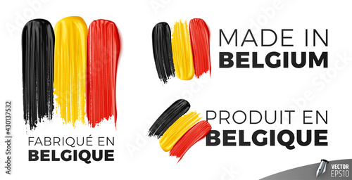 Logos "fabriqué en Belgique", "Made in Belgium" et "Produit en Belgique" vectoriels sur fond blanc