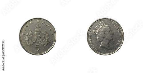 Five Pence coin with the Badge of Scotland, 1991 obverse and reverse.