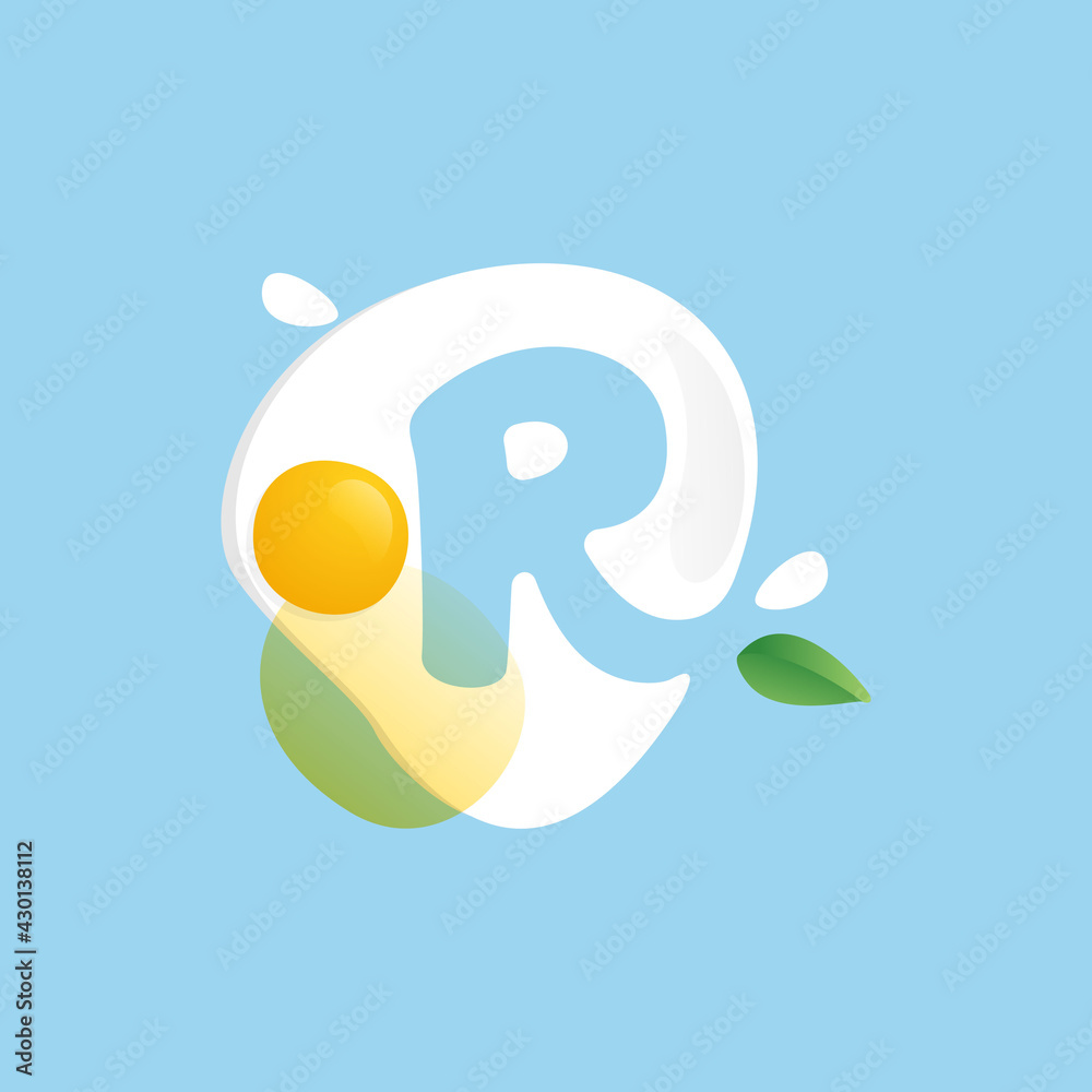 Letter R logo on a Fried Egg with green leaf and splashes. Letter R logo on a Fried Egg with green leaf and splashes.
