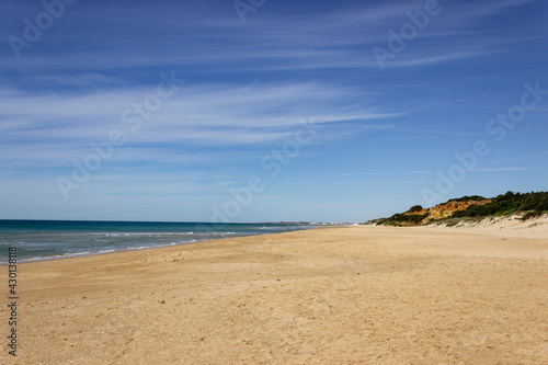 Fototapeta Naklejka Na Ścianę i Meble -  White sand beach with dunes and vegetation. Some clouds and clearings.
