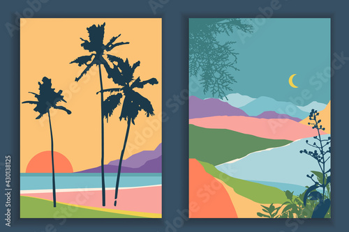 Abstract colourful landscape poster collection. Set of contemporary art print templates. Nature backgrounds for your social media. Sun and moon, sea, mountains, ocean, palm, sunset in minimal style.