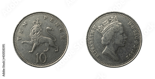 10 pence coin of 1992 with a crowned lion, obverse and reverse.