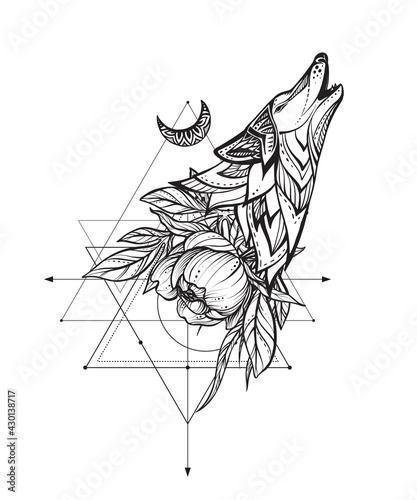 Vector illustration of black and white wolf, peony flower, moon, sacral geometric simbols isolated on white background.