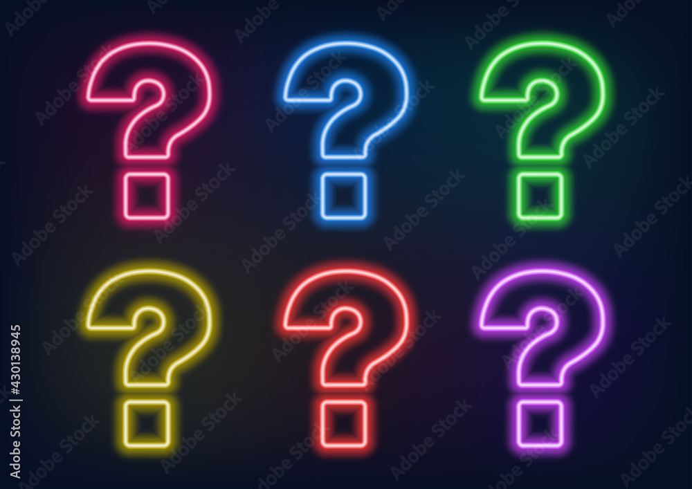 Set of neon question marks in different colors. Question mark. Neon sign. Set of neon question marks in different colors. Question mark. Neon sign.