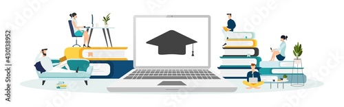 Online education vector illustration. Concept of online courses. e-learning. digital library. e-book. online exam. examination and testing in university. college. Flat illustration for UI, banner.
