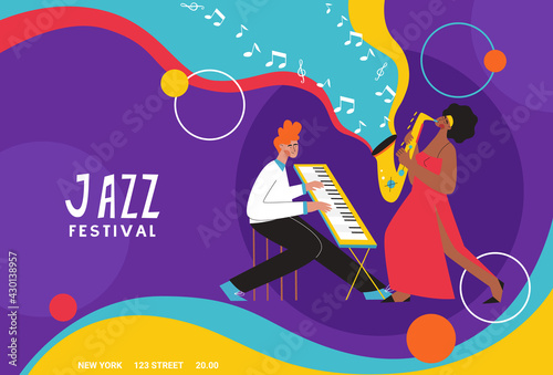 Live music band playing on saxophone, trombone, double bass, piano. People playing on musical instruments. Suitable for acoustic music events and jazz concerts.