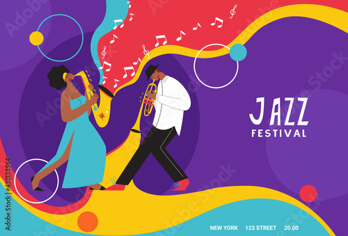 Live music band playing on saxophone, trombone, double bass, piano. People playing on musical instruments. Suitable for acoustic music events and jazz concerts.
