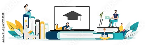 Online education vector illustration. Concept of online courses. e-learning. digital library. e-book. online exam. examination and testing in university. college. Flat illustration for UI, banner.