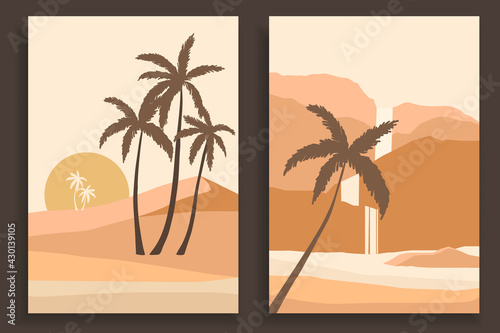 Abstract coloful landscape poster collection. Set of contemporary art beach print templates. Nature backgrounds for your social media. Sun and moon, sea, mountains, ocean, palms.