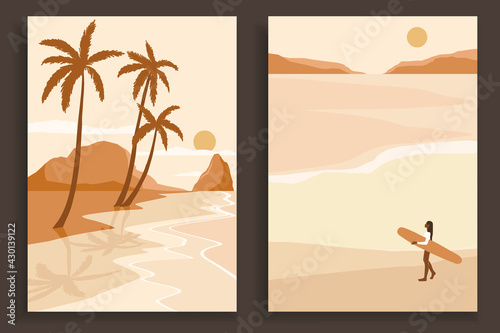 Abstract coloful landscape poster collection. Set of contemporary art beach print templates. Nature backgrounds for your social media. Sun and moon, sea, mountains, ocean, palms, surfers.