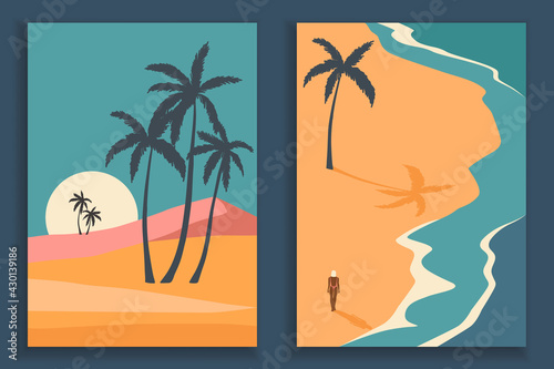 Abstract coloful landscape poster collection. Set of contemporary art beach print templates. Nature backgrounds for your social media. Sun and moon, sea, mountains, ocean, palms.
