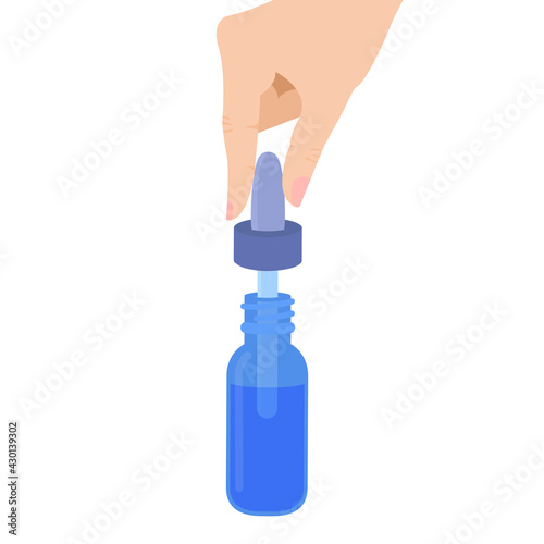 Hand holding droplet of hemp cbd oil. Medical marijuana product in close up. Treatment with cannabis plant. Herbal alternative medicine concept. Vector illustration.