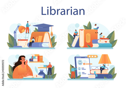 Librarian concept set. Library staff cataloguing and sorting books.