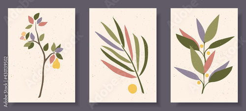 Collection of contemporary art posters in pastel colors. Abstract elements  leaves and fruits  branches  pears. Great design for social media  postcards  print.