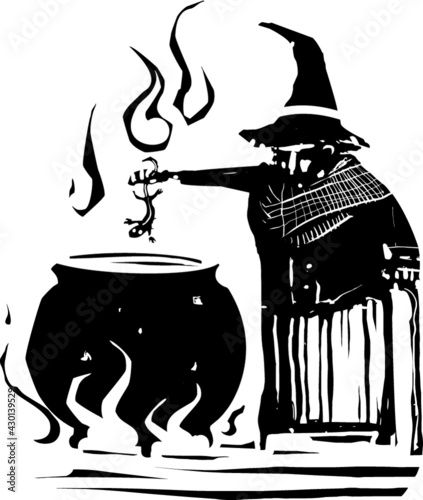 Woodcut expressionist style image of an old witch with a cauldron