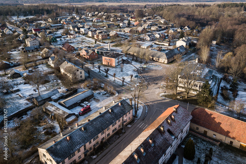 Aerial view of Alsunga village in winter, Latvia.