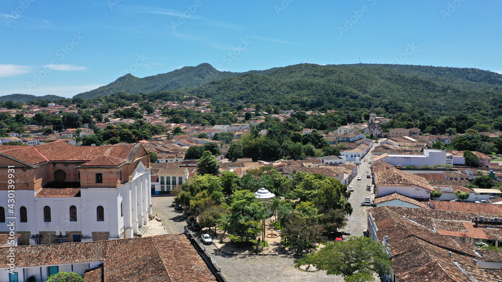 Panoramic view of the historical city of Cidade de Goias with cobblestone streets and colorful colonial houses. Goias, Brazil 