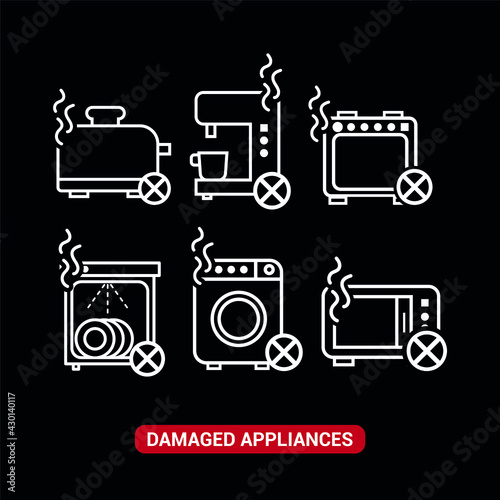 Vector image. Different icons of broken home appliances.