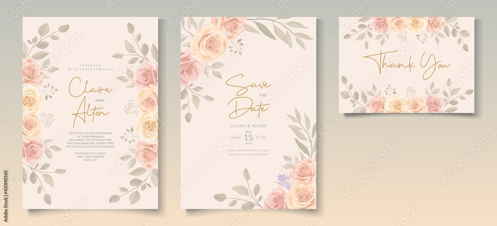 Set of beautiful soft color floral wedding invitation template